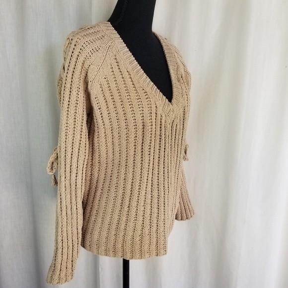 JELLA C. cold shoulder v-neck chenille  sweater tan camel S - Picture 2 of 10